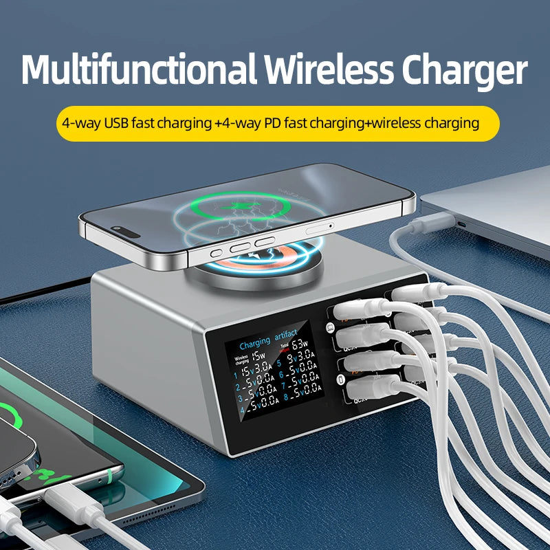 New 140W Multi-Function Charger Wireless Charger 8-Port PD+QC USB Type-C Quick Charger Home Travel Office Convenient