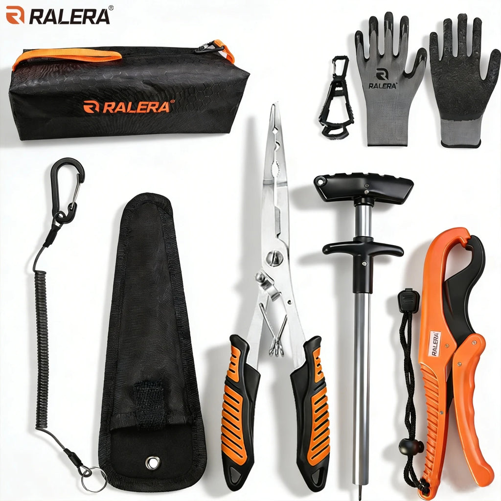 Professional fishing gear set: line cutter, ring opener, fishing pliers, fish clamp, storage bag, durable fishing equipment